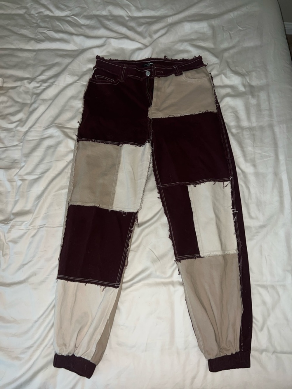 Fashion Nova Patchwork Maroon and Beige jogger jeans MEDIUM